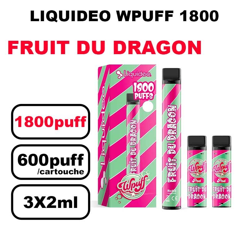 Liquideo Wpuff 1800 Starter kit x3 Cartouches Pod 2ml Cartouche Puff jetable sans fuite- fruit du dragon
