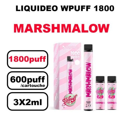 Liquideo Wpuff 1800 Starter kit x3 Cartouches Pod 2ml Cartouche Puff jetable sans fuite- marshmalow