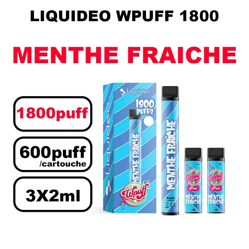 Liquideo Wpuff 1800 Starter kit x3 Cartouches Pod 2ml Cartouche Puff jetable sans fuite- menthe fraiche