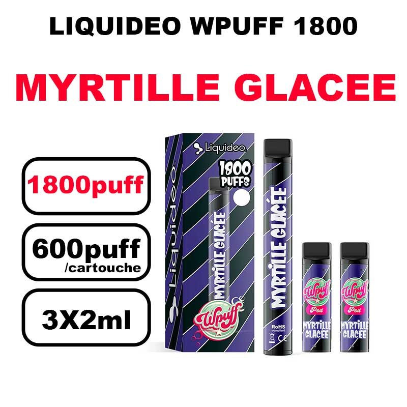 Liquideo Wpuff 1800 Starter kit x3 Cartouches Pod 2ml Cartouche Puff jetable sans fuite- myrtille glacee