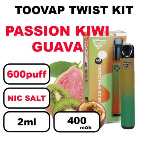 Toovap Twist Starter kit puff x1 cartouche 2ml eliquide pré-rempli sans fuite- passion kiwi guava