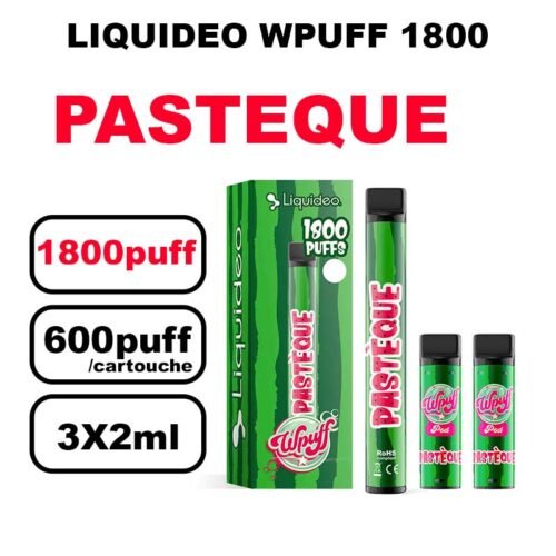 Liquideo Wpuff 1800 Starter kit x3 Cartouches Pod 2ml Cartouche Puff jetable sans fuite- pasteque
