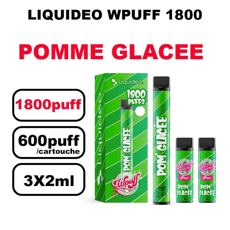 Liquideo Wpuff 1800 Starter kit x3 Cartouches Pod 2ml Cartouche Puff jetable sans fuite- pomme glace
