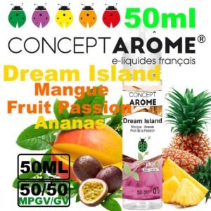 eliquide-vegetol-Conceptarome-50ml-Dream-island-mangue-ananas-fruit-passion.jpg Conceptarome e-liquide Végétol 50ml - 50/50 Glycérine végétale/Propylène Glycol Végétal