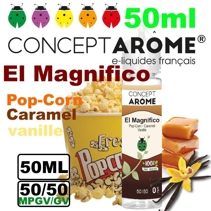 eliquide-vegetol-Conceptarome-50ml-El-magnifico-popcorn-caramel-vanille.jpg Conceptarome e-liquide Végétol 50ml - 50/50 Glycérine végétale/Propylène Glycol Végétal