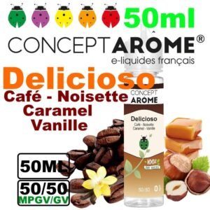 eliquide-vegetol-Conceptarome-50ml-delicioso-cafe-caramel-noisette-vanille.jpg Conceptarome e-liquide Végétol 50ml - 50/50 Glycérine végétale/Propylène Glycol Végétal